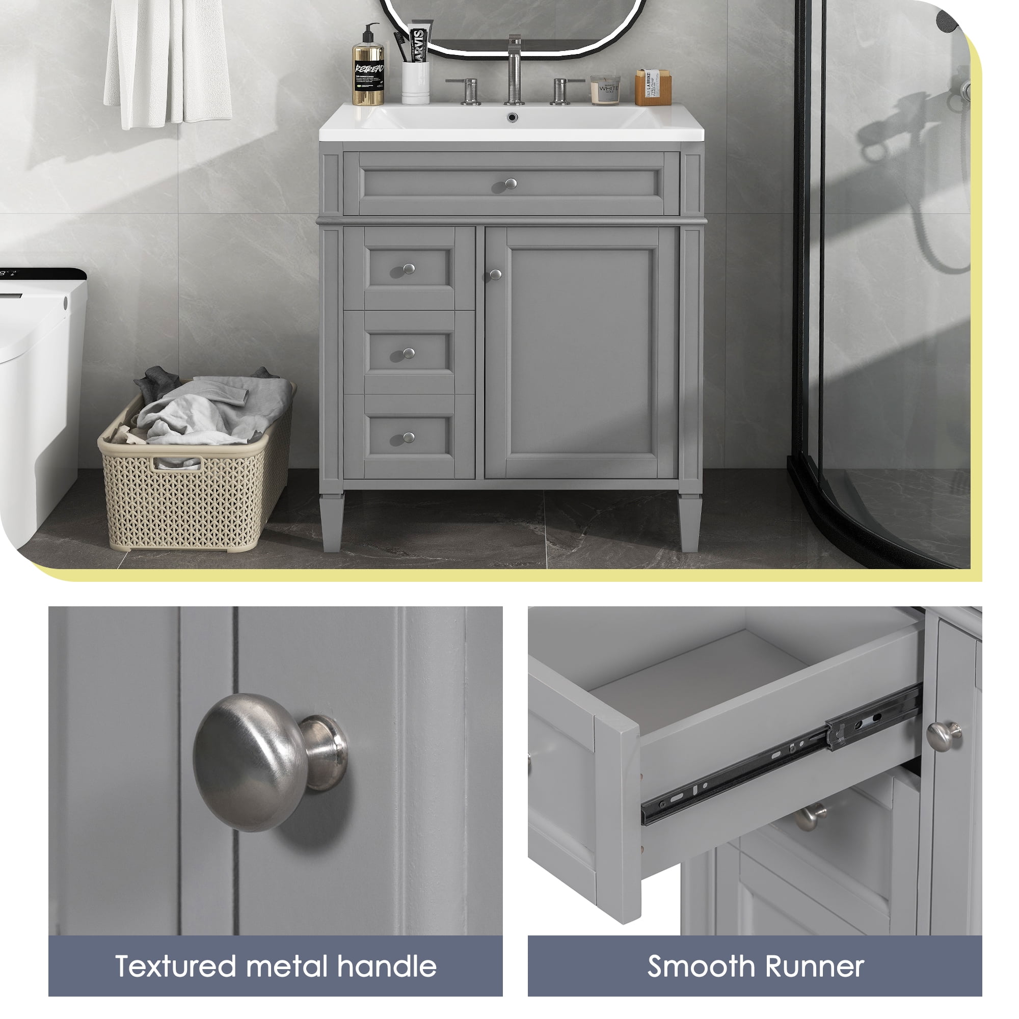 Harper & Bright Designs 30'' Bathroom Vanity with Sink and 2 Drawers and a Tip-out Drawer, Single Sink Bathroom Vanity Cabinet with Door and Adjustable Shelf, Gray
