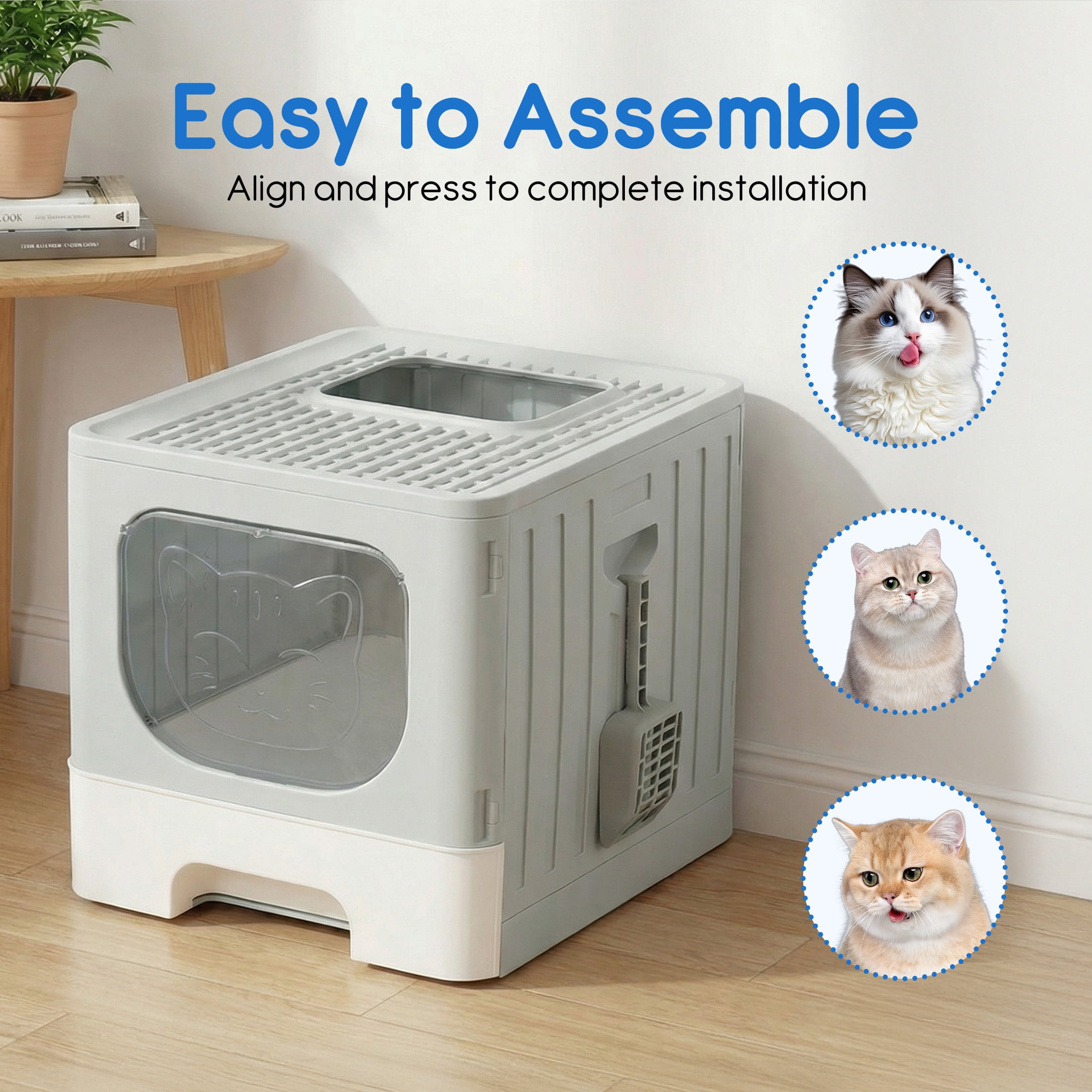 EDX Large Foldable Cat Litter Box with Lid, Enclosed Anti-Splashing Cat Box with Litter Scoop, Front Entry Top Exit Kitty Litter Box with Door, Drawer Design, Easy Cleaning & Odor Control, Gray