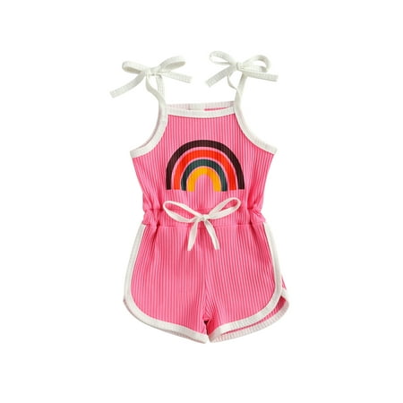 

Kids Girls One-piece Jumpsuit Playsuit Rainbow Romper Summer Sleeveless Suspender Strap Ribbed Jumpsuit Knitted Drawstring Romper Summer Overalls Children Clothes