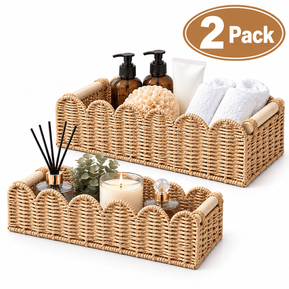 Toilet Paper Storage Basket with Handle, 2 Pack Wicker Storage Baskets for Shelves,Paper Rope Toilet Organizer Basket for Countertop,Toilet Shelf ,Home Decor &Bedroom Decor