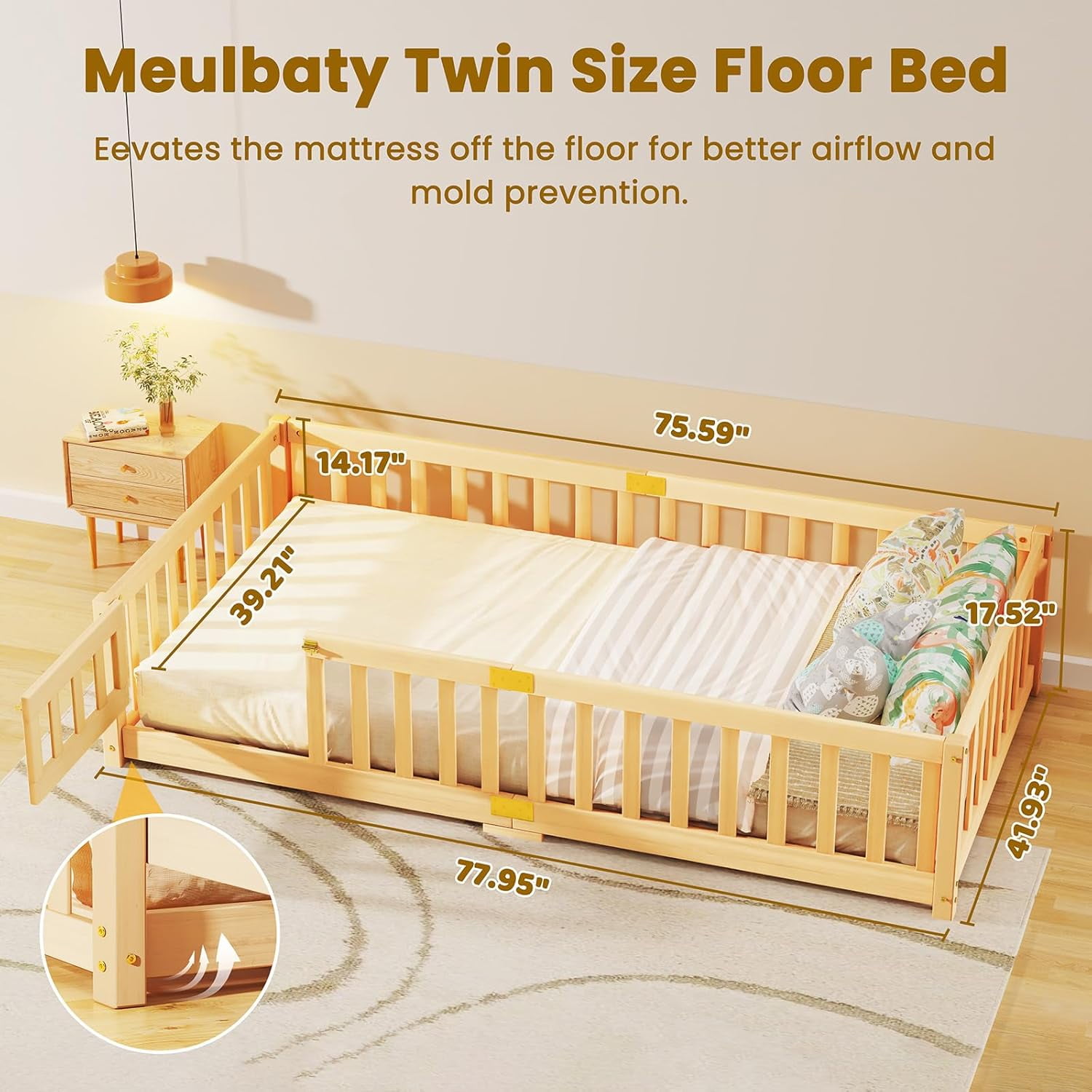 Slsy Montessori Floor Bed for Kids, Solid Wood Toddler Bed Frame w/Convertible Door and Safety Fence, Floor Bed Frame for Children Bedroom, Toddlers, Boys Girls, Kids Playroom, Twin / Full