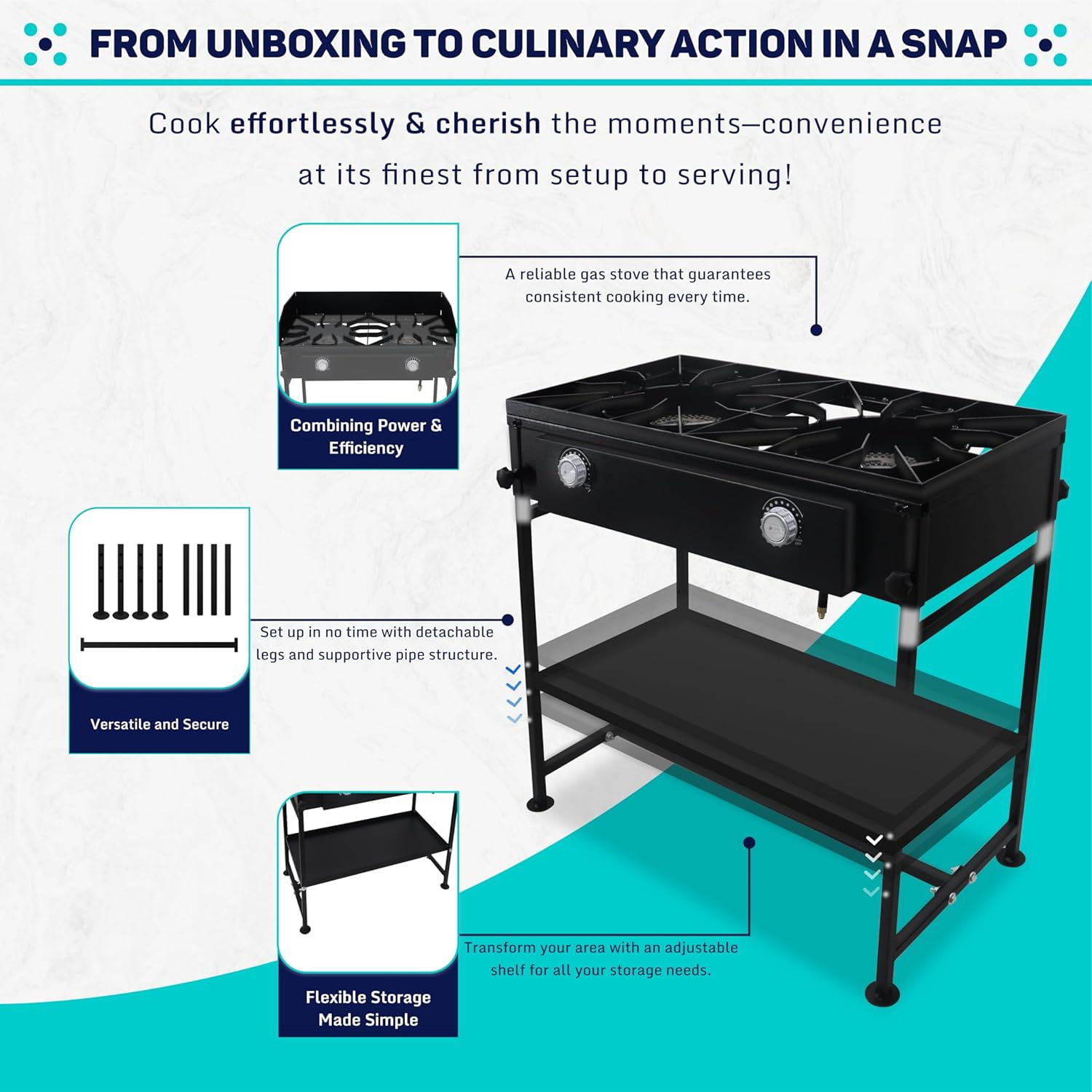 SONRET - Double Burner Propane Camping Gas Stove - with Detachable Legs & Bottom Shelf