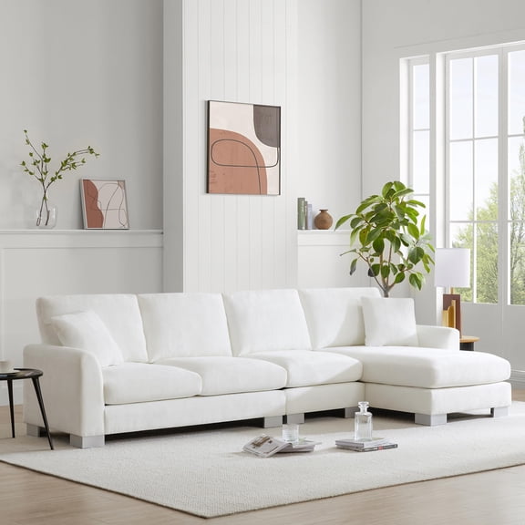 Sectional Sofa with Chaise, L-Shape Chenille Upholstered Sofa with 2 Pillows, Modern Luxury 5-Seat Sofa Couch for Living Room, Apartment, Office (White)