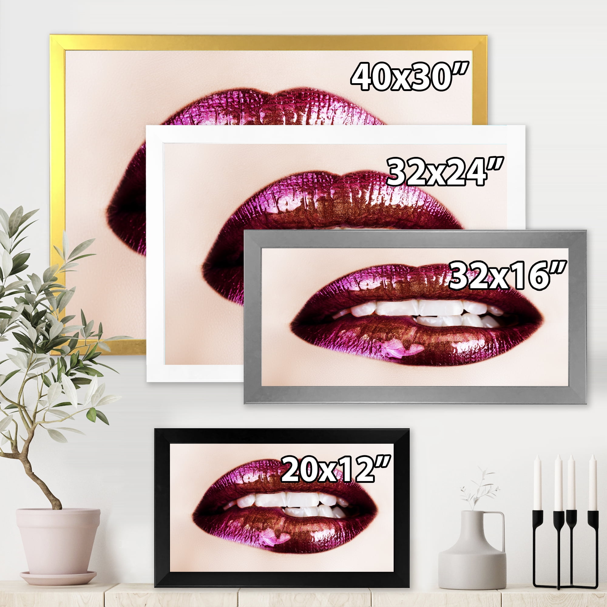 Designart 'Close-Up Of Purple Female Lips' Modern Framed Art Print