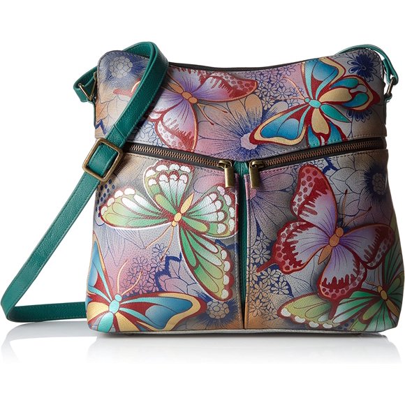 Anna by Anuschka Hand Painted Women’s Genuine Leather Large Crossbody Bag - Top zip entry, Slip in Cell Pocket, Adjustable Shoulder Strap