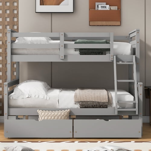 Twin over Full Bunk Bed with Ladder and 2 Storage Drawers - Modern Gray Wood Bunk Bed for Small Space, Guest Room, Gray