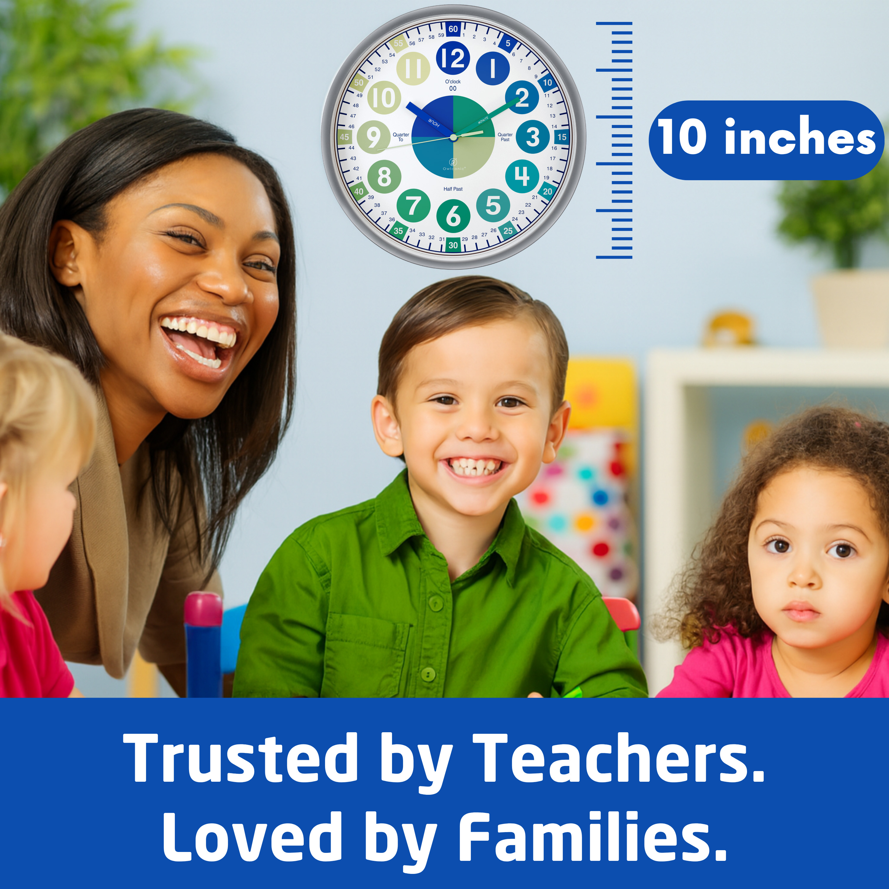 Owlconic® Kids Learning Wall Clock, Silent Analog Teaching Clock, 10 Inch, Blue Green