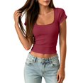 thumbnail image 5 of IYYVV Women's Short Sleeve Tops Summer Lace Trim Square Neck Slim Fitted Going Out Basic Tee Shirts Y2K Clothes 2026 Wine S, 5 of 5