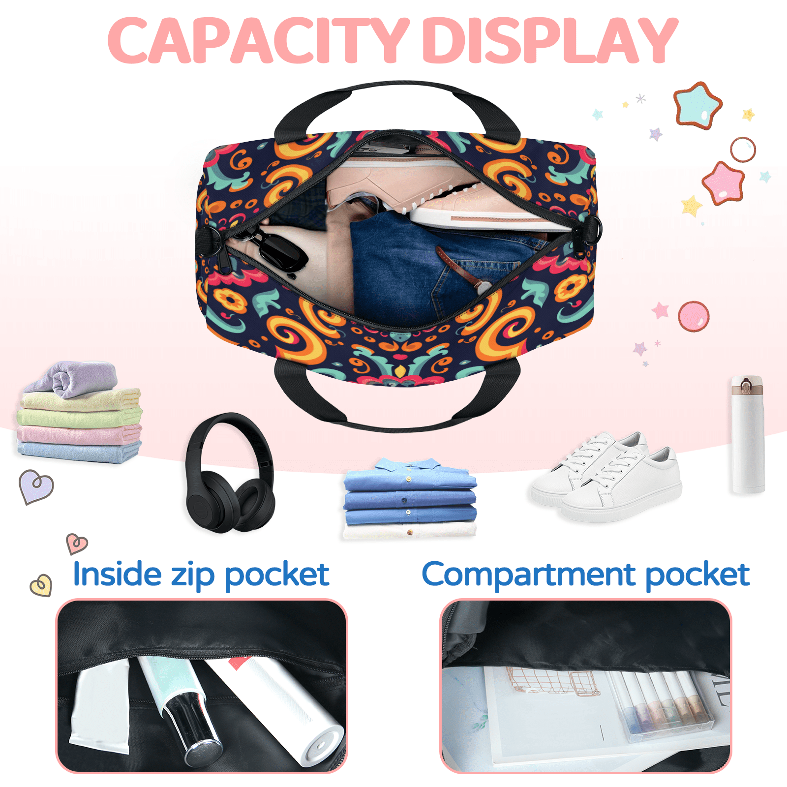 Herdesigns Mexico Floral Gym Bag for Women, Duffle Bag for Travel Sport, Colorful Flower Lightweight Waterproof Carry on Weekender Dance Yoga Workout Bags