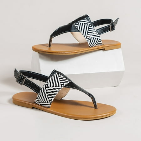 

uikmnh Women Shoes Sandals For Ladies Flip Flops Flat Sandals Buckle Rome Shoes Colorblock Flat Thong Sandals Black 7.5