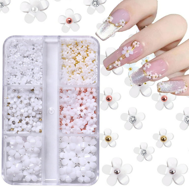 Camouflage Net 3D Flower Nail Charms Kit 6 Grids Flower Nail Art Kit 3D Resin Floral Nail Flakes Kit DIY Flowers Nail Pearls Rhinestones Beads Decoration for Nail