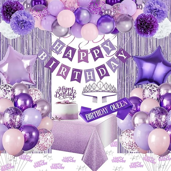 Décorations d'Anniversaire Violettes, Décorations de Fête Violettes, Ballons Roses et Violets Bannière Joyeux Anniversaire Ceinture et Couronne d'Anniversaire Nappe Rideau à Franges Pompons en Papier pour Enfants Femmes Filles Déco d'Anniversaire