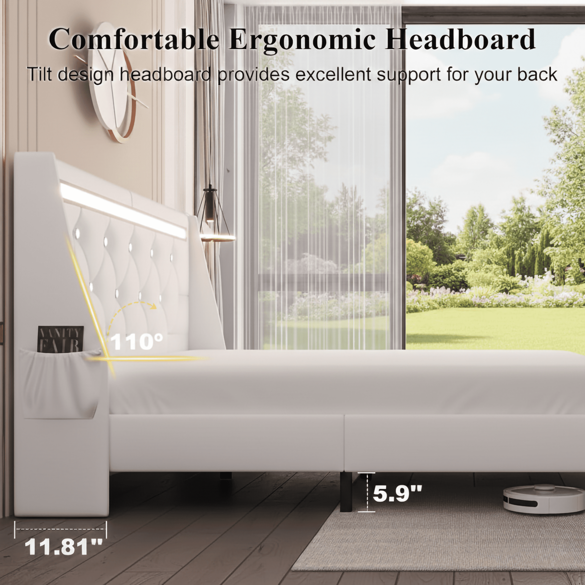 Mintazer Full Bed Frame with LED Lights & Charging Station, Diamond Tufted Upholstered Platform Bed with 2 Side Storage Pockets for Bedroom, White