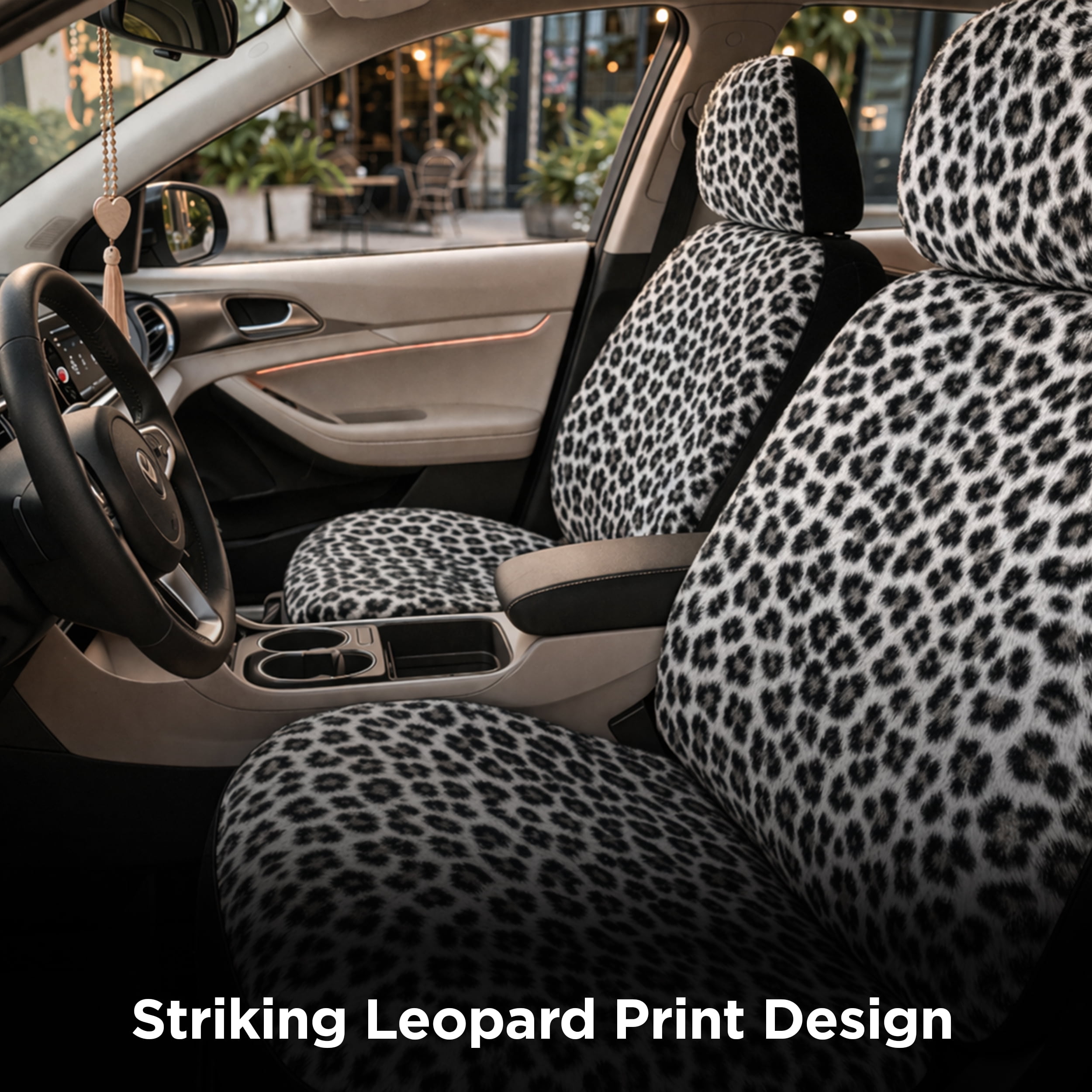 Auto Drive 2-Piece Fur Snow Leopard Seat Covers for Cars, SUVs, and Crossovers