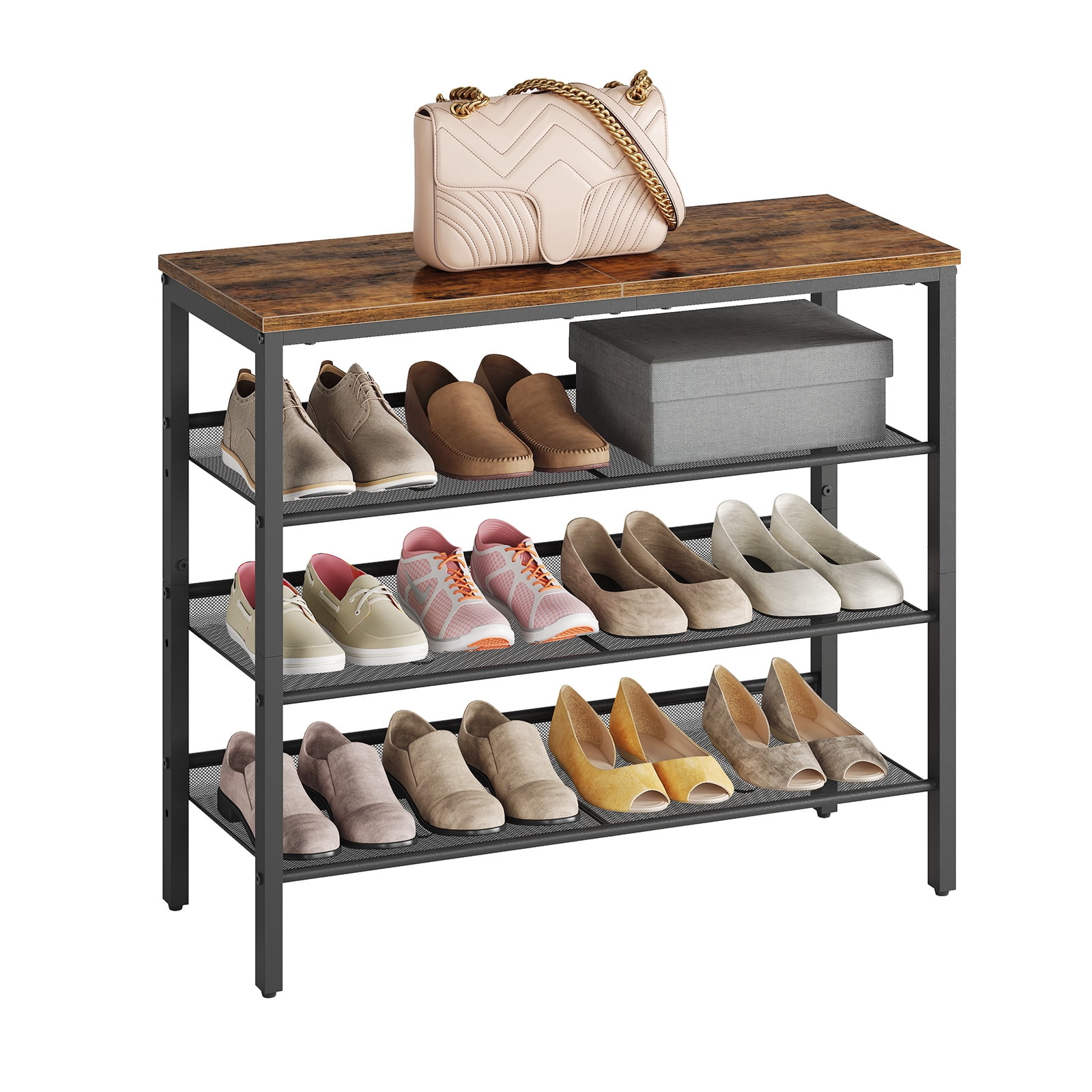 HOOBRO Shoe Rack for Entryway, 4-Tier Shoe Organizer with Adjustable Mesh Shelves, 12-16 Pairs of Shoes, Spacious Floor Mount, Metal, Industrial, Shoe Shelf for Closet, Rustic Brown BF42XJ01