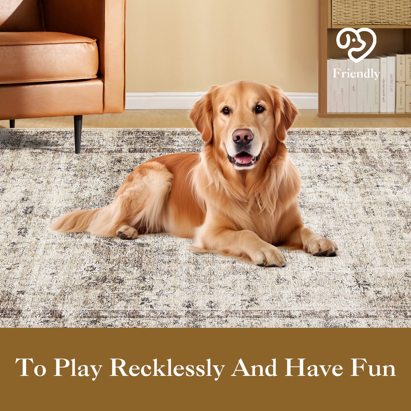 Hasoo 5' x 7' Area Rug for Living Room Boho Vintage Rug Non Slip Throw Rugs Floral Bedroom Rug, Camel