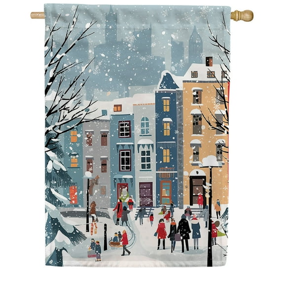 America Forever Christmas Village House Flag, 28 x 40 inch Double Sided, Christmas Shoppers Banner, Snowy Town Scene Outdoor Decor, Holiday Outside Decorations Yard Flag