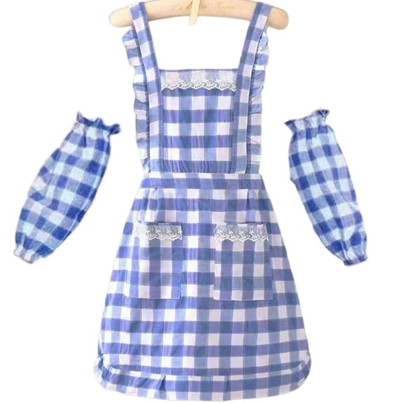 Blue Checkered Kitchen Apron With Attached Sleeve Covers Polyester Cotton Blend Stain Resistant Cooking Apron Workwear