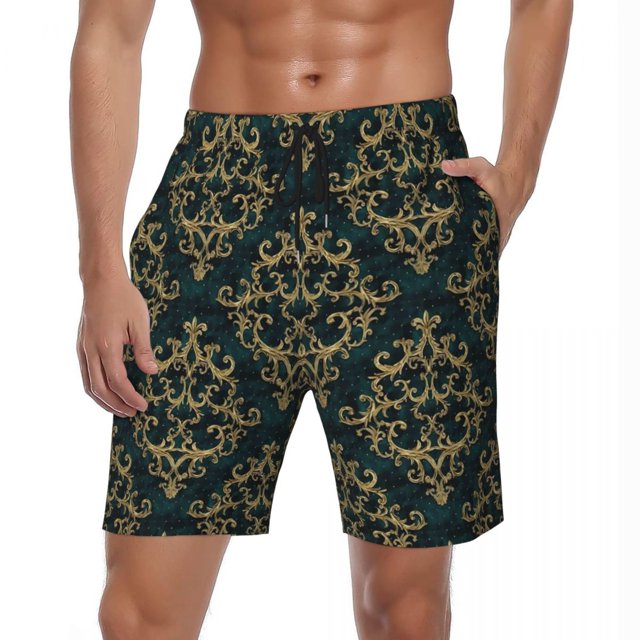 Baroque Print Board Shorts Summer Blue and Gold Board Short Pants Man Fast Dry Hawaii Printed Large Size Swim Trunks