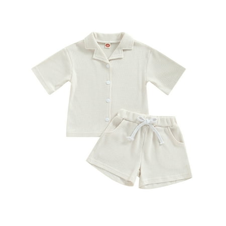 

Qtinghua 2Pcs Toddler Baby Girl Boy Summer Clothes Waffle Knit Short Sleeve T-Shirt Elastic Waist Shorts Outfits Creamy 18-24 Months