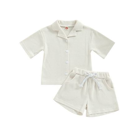 

Qtinghua 2Pcs Toddler Baby Girl Boy Summer Clothes Waffle Knit Short Sleeve T-Shirt Elastic Waist Shorts Outfits Creamy 18-24 Months