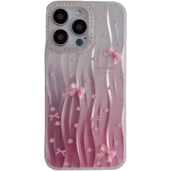 3D Wave Stripe Pink Bow Flower Shiny Diamond Camera Lens Protector Soft for iPhone Case (Pink,iPhone 13)