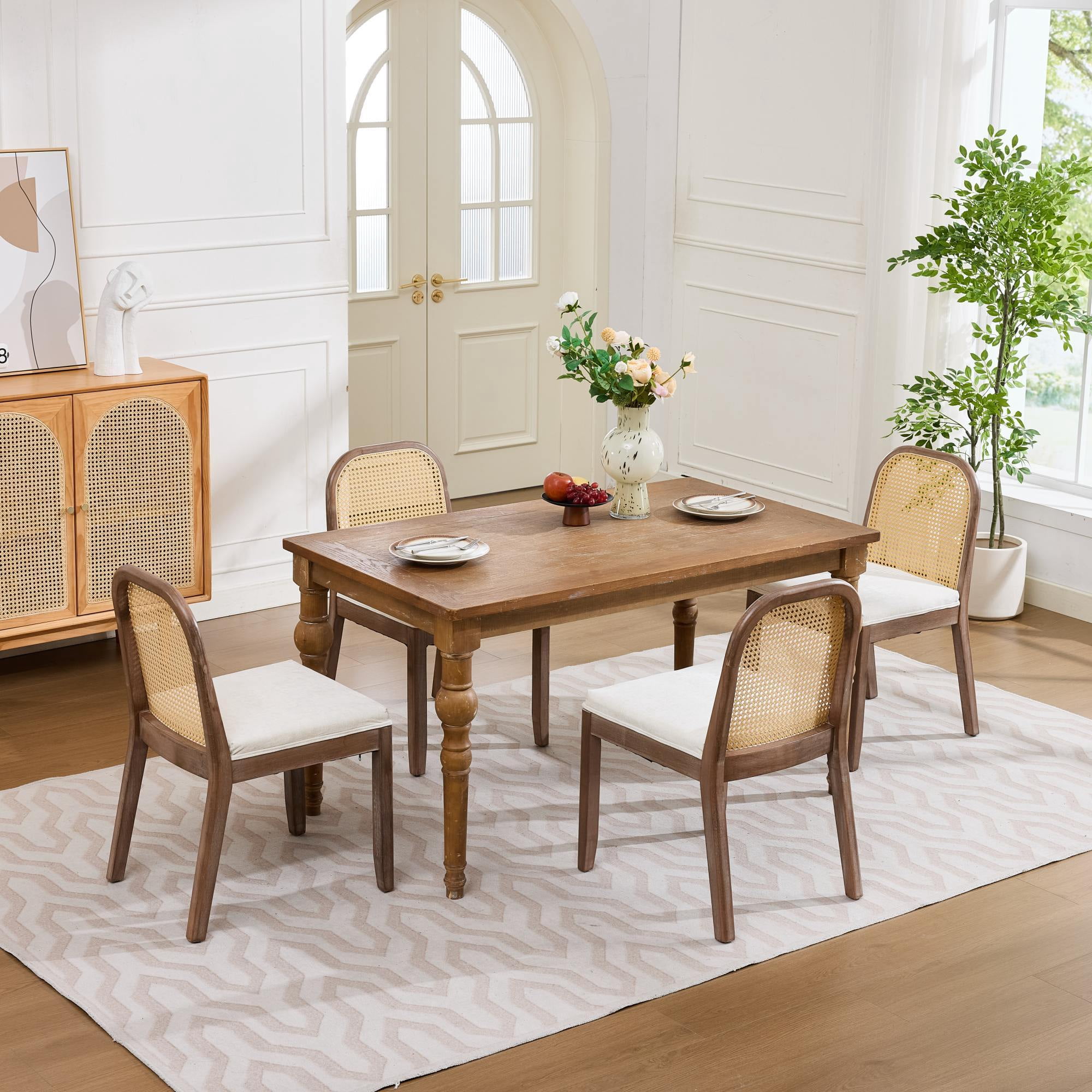 Leumius Set of 2 Curved Arched Cane Back Dining Chairs, Mid Century Farmhouse Side Chairs, Chenille Cushion with S-Spring and Sponge, Armless Accent Chairs for Kitchen Dining Room Beige