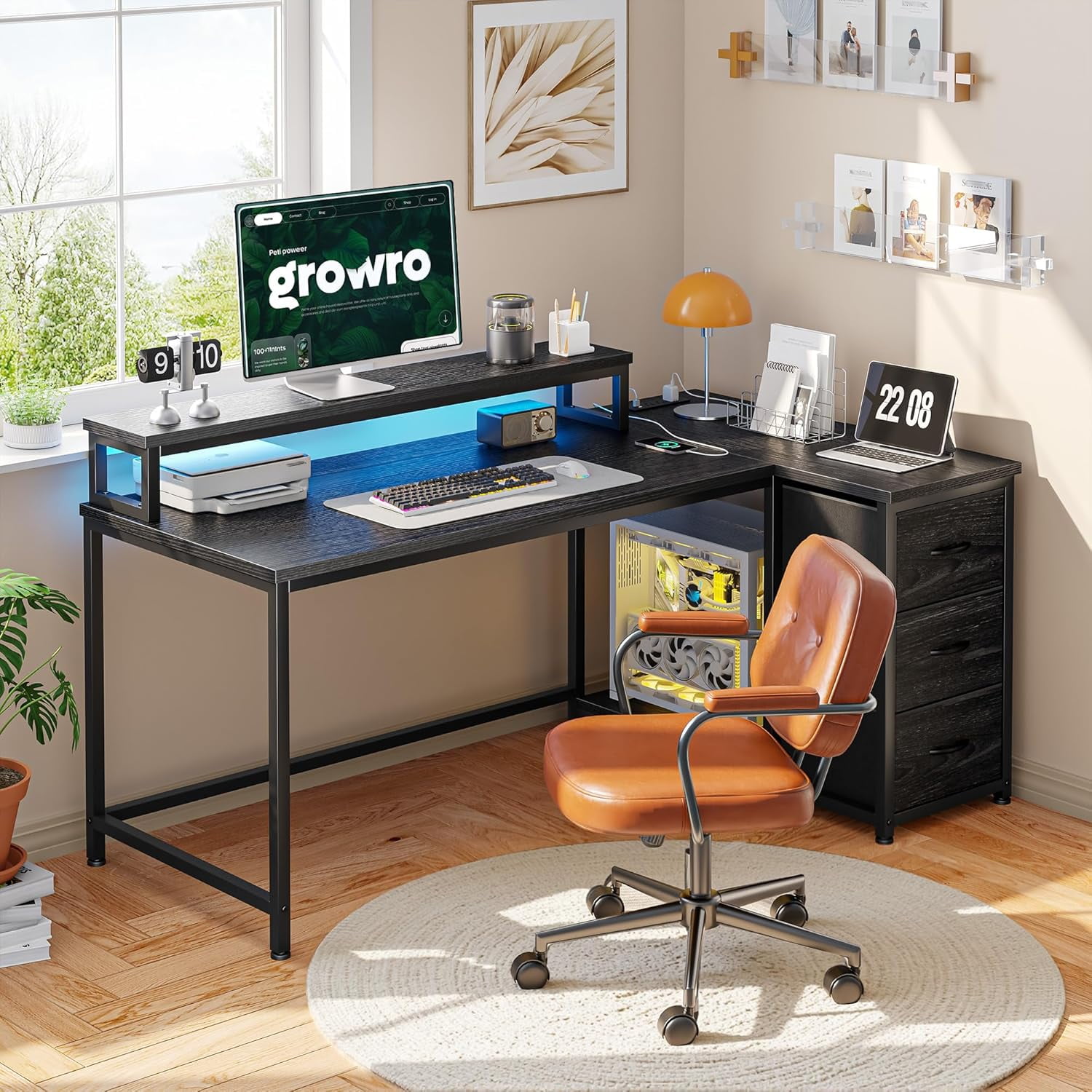 Gaming Desk with LED Lights & Power Outlet, 40Inch L Shaped Computer Desk with Drawers, Small Desk Home Office Desks with Monitor Stand for Gaming,Study Room,Home Office,Bedroom,Black