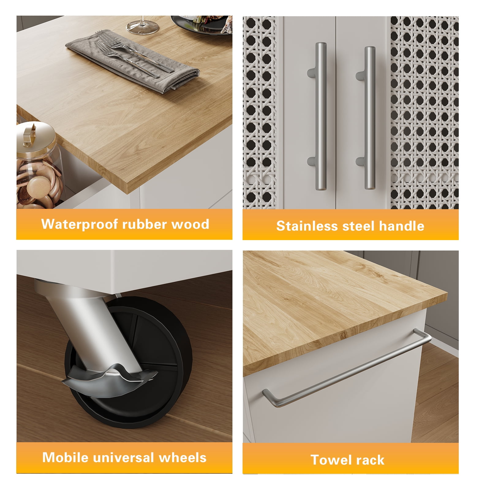Kitchen Island with Storage, 31" Rolling Kitchen Island on Wheels with Solid Wood Countertop, Kitchen Cart with Rattan Storage Cabinet, Spice Rack, Towel Rack and Drawers, White