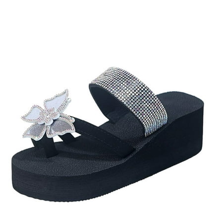 

Women s Casual Slope Heel Hard Soled Slippers for Women Bow Rhinestone Slippers Sandals Womens Cute Slippers Sub Bohemian Beach Shoes Delightful Women s slipper