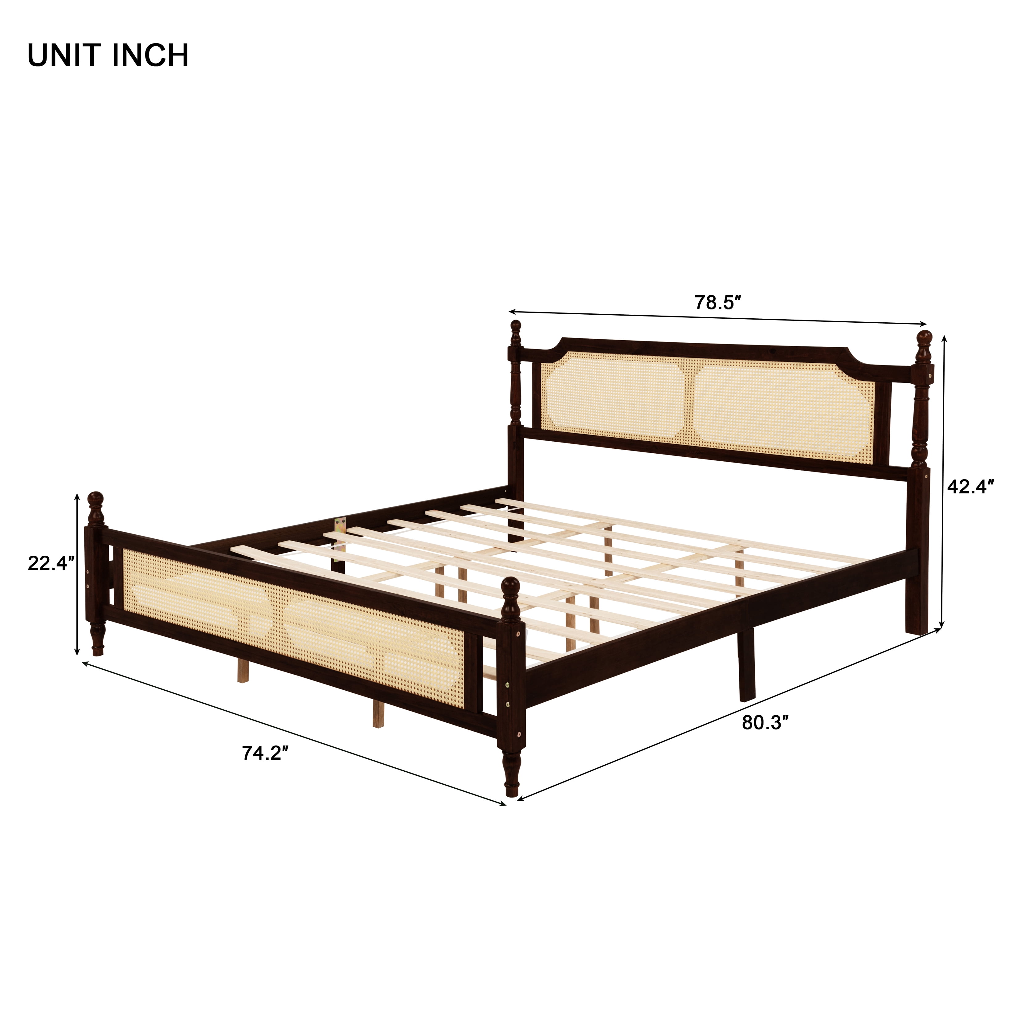 Sailvan King Pine wooden Bed with Rattan Headboard and Footboard, Central Enhanced Bed Platform
