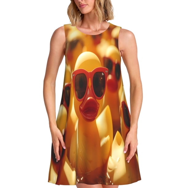 Balery Sunglasses Yellow Duck Vestidos de verano para mujer con estampado: vestido holgado sin mangas, vestido playero informal y cómodo para días calurosos.