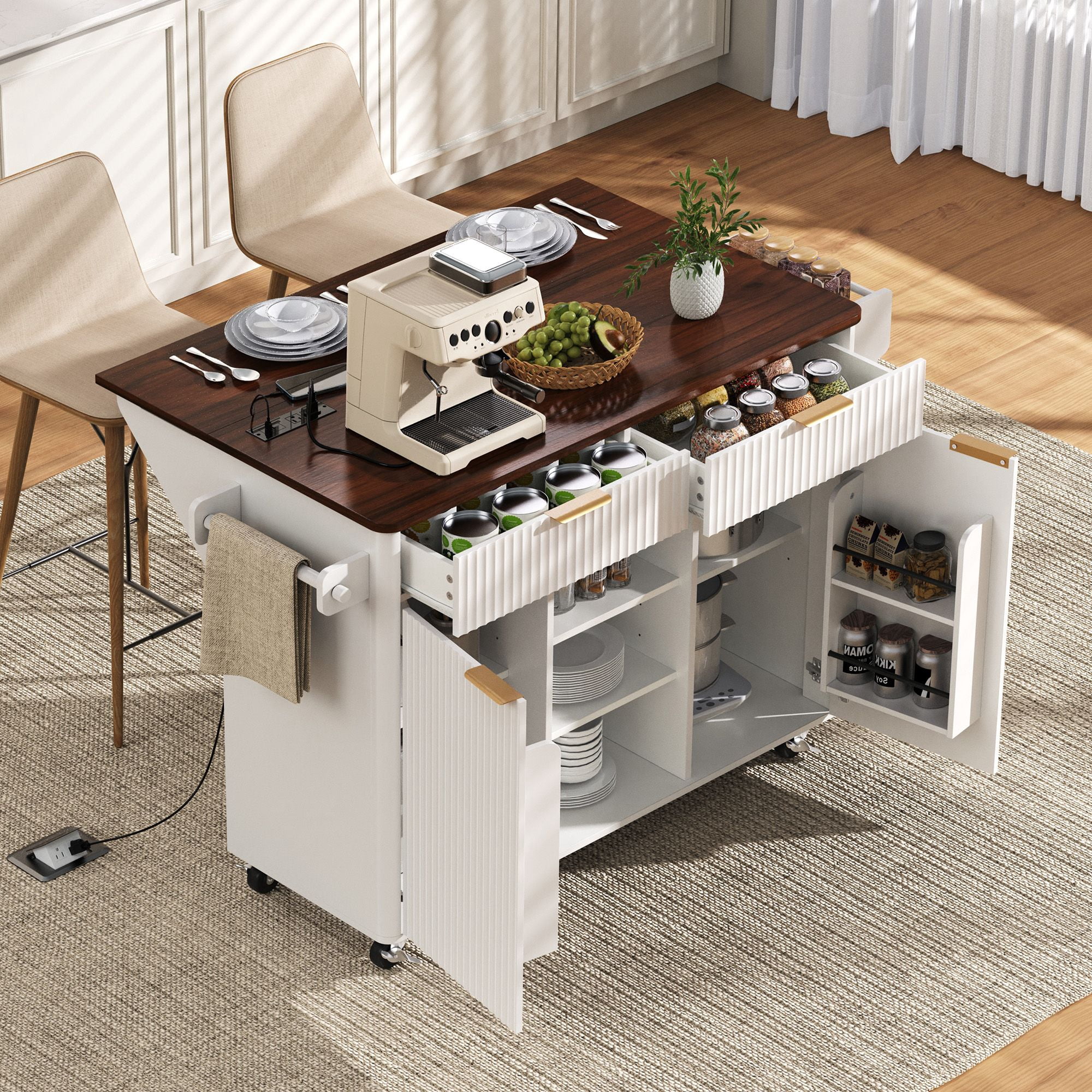 Alvantor 52" Fluted Kitchen Island with Drop Leaf, Power Outlet, Drawers, White