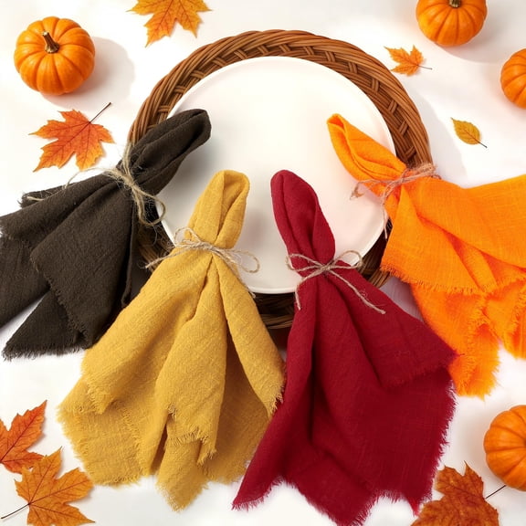 12‑Pack Thanksgiving Cotton Linen Cloth Napkins, Handmade Reusable Fabric Dinner Napkins for Fall Harvest Holiday Table Decor