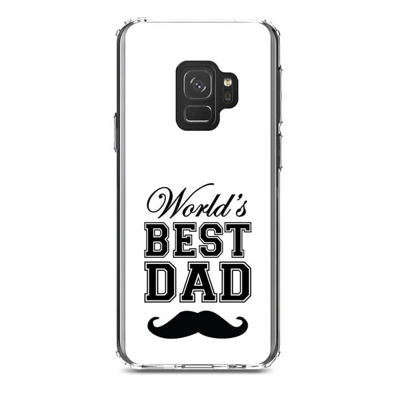 DistinctInk Clear Shockproof Hybrid Case for Samsung Galaxy S9 (5.8" Screen) - TPU Bumper, Acrylic Back, Tempered Glass Screen Protector - Black World's Best Dad Moustache - Happy Father's Day