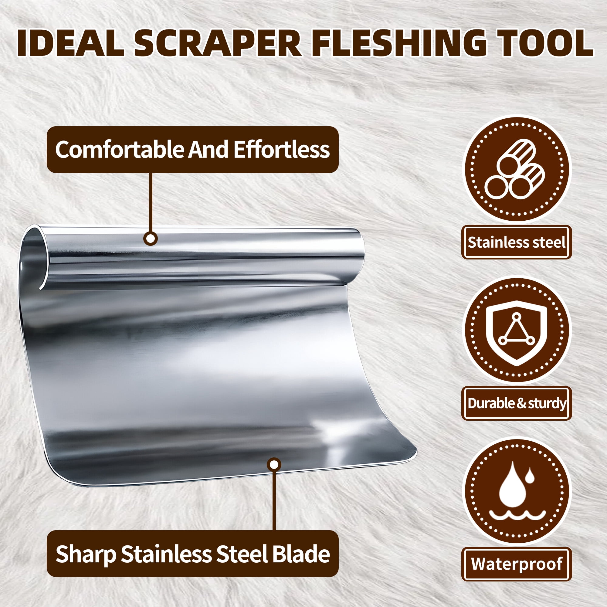 MACTANO Hide Scraper Fleshing Tool 4PCS, Stainless Steel Pelt Scraper Fleshing Tools with Curved and Flat Blades for Taxidermy and Leather Making