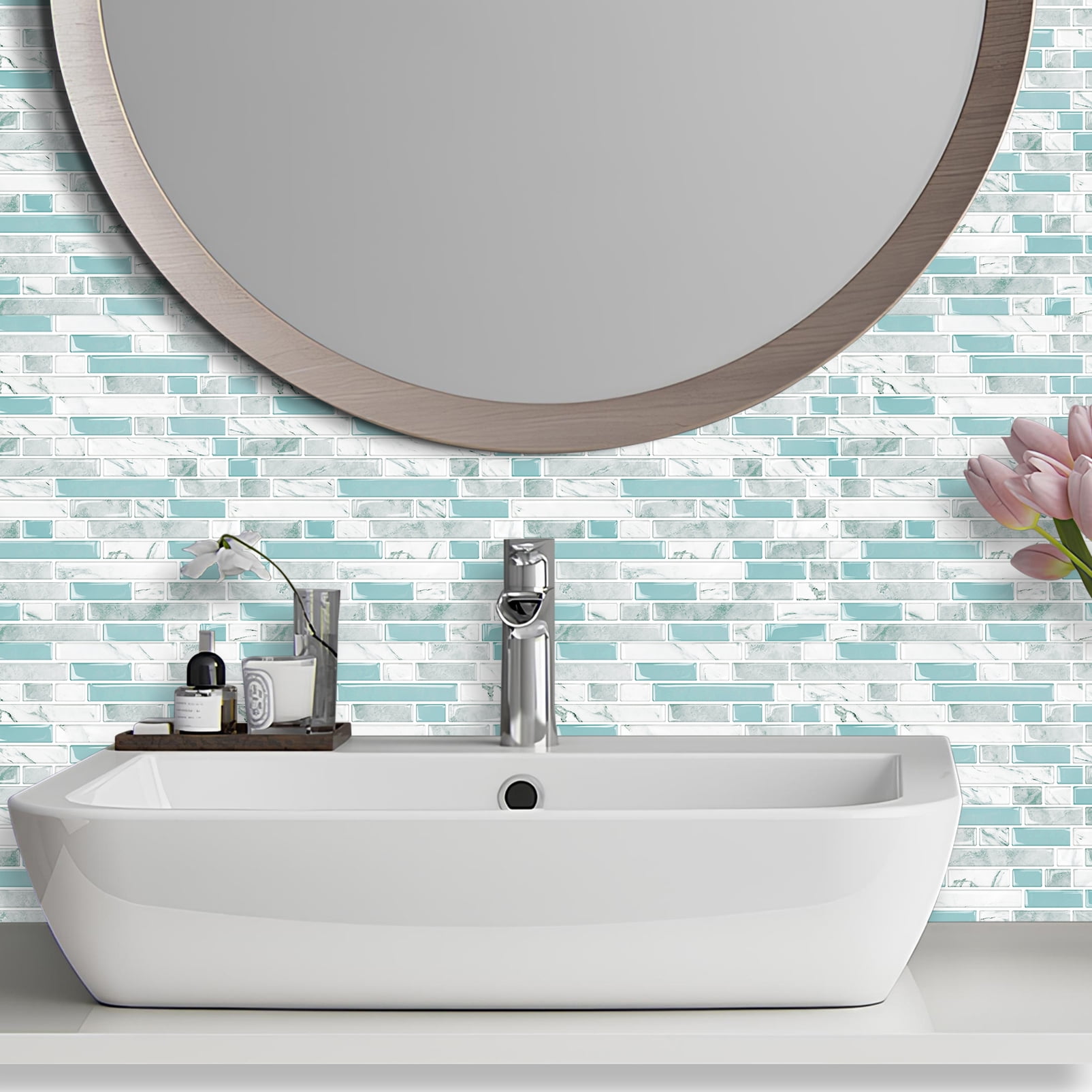 DEWOO Thick Kitchen Peel and Stick Tile Backsplash, Stick on Wall Tiles, 12"x12" Self Adhesive Sticky 3D Wall Marble Tiles Bathroom (10-Sheet，Light Blue)