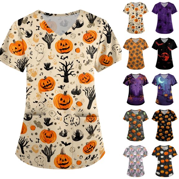Halloween Scrub Tops Women Short Sleeve Nurse Uniform Spooky Ghost Pumpkin Print Stretch Polyester Holiday Nurse Scrubs Tee