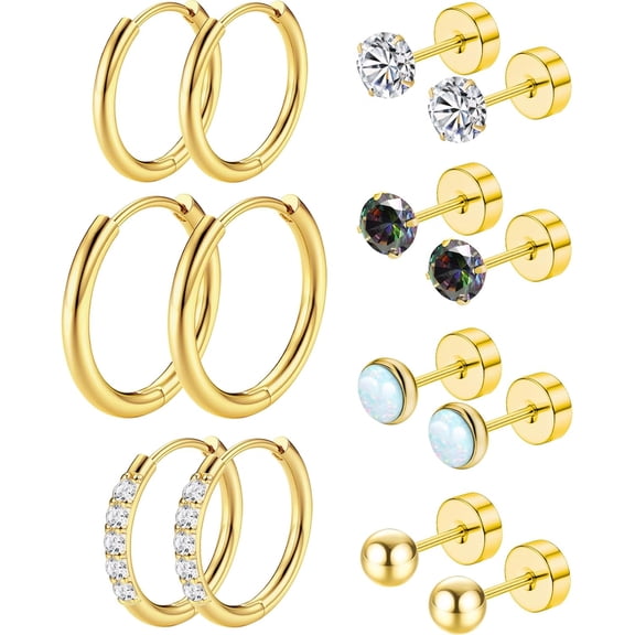 Surgical Steel Stud Earrings for Women, Hypoallergenic Flat Back Earrings for Sensitive Ears, Small Cartilage Huggie Hoop Earrings Ball CZ Opal Screw Back Stud Earrings for Women Men