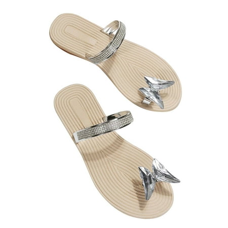 

FAVIPT Summer Sandals for Women 2023 Clearance Flip Flops for Women Orthotic Womens Glitter Bling Fancy T Strap Slide Flat Low Wedge Sparkle Rhinestone Sandals Shoes