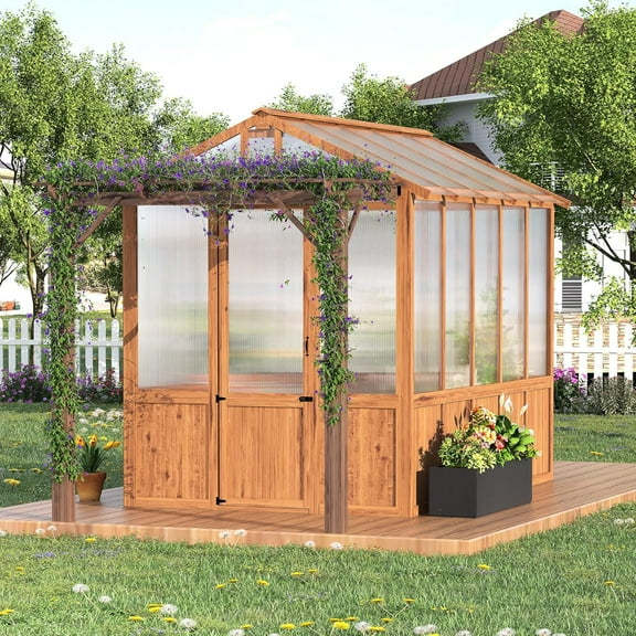 Ataucjin Wooden Greenhouse with Cedar Frame, 8x13FT Greenhouse Kit with Pergola, Outdoor Wood Greenhouses with Roof Vent, Wood and Polycarbonate Walk-in Greenhouses