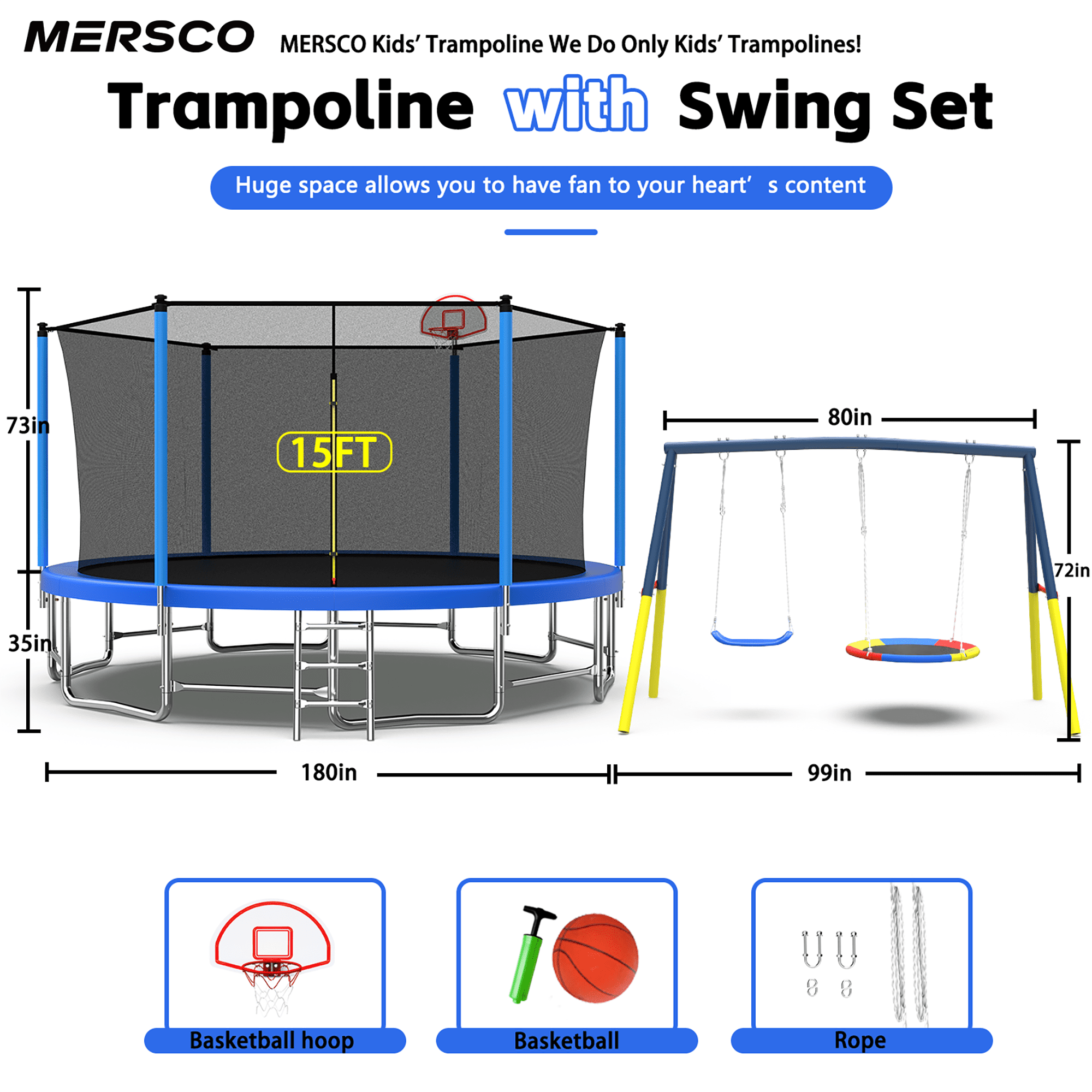 Mersco 15FT Heavy Duty Trampoline with Enclosure Net ,Swing Set Outdoor Big Trampoline for Backyard,Kids Trampoline with Basketball Hoop,Birthday and Holiday Gifts for Kids Jumping Trampoline,Blue