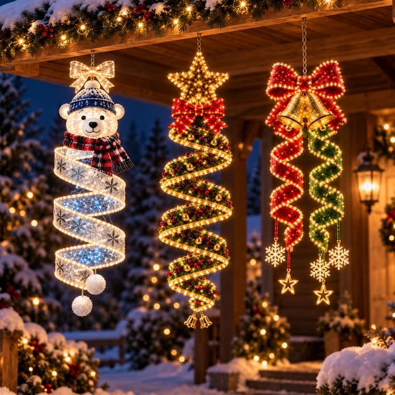 Christmas Magic Spiral Hanging LED Light Collection - Hanging Christmas Spiral Light Decorations, Light-Up Glowing Christma Door Hanger, for Porch Entryway Doorway and Outdoor Holiday Decor,Stars