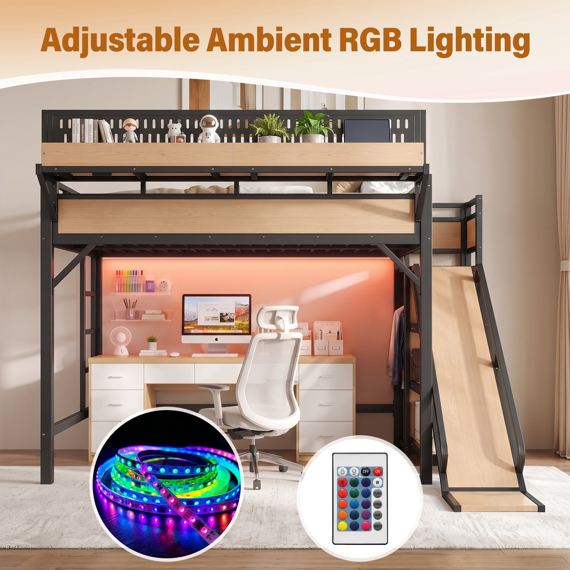 Aukfa Full Size Loft Bed with Slide, Shelves, Wardrobe, USB Ports & LED Lights, Heavy-Duty Metal Bed Frame for Kids Teens Adults, Natural
