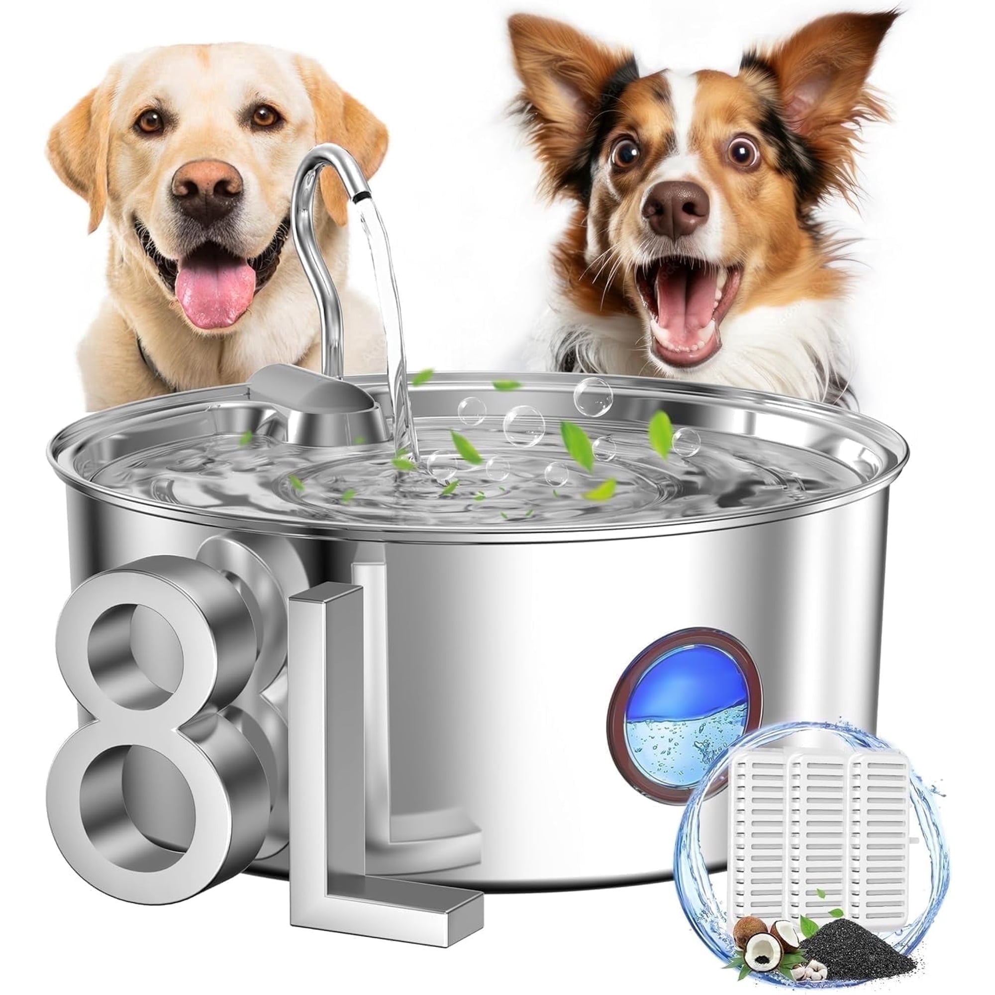 FURCLAN Dog Water Fountain Stainless Steel 8L Large Capacity Pet Water Dispenser with Quiet Pump 3 Filters Included Easy Clean for Large Dogs Cats and Multi Pet Homes