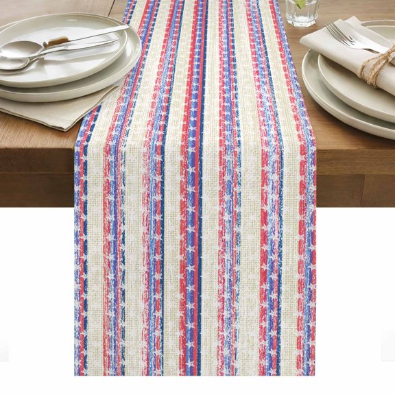 American Flag Table Runner USA Independence Day Star Stripes Red Blue Beige Tablerunners 13 x 60 Inch, Table Decorations Tabletop Scarf for Summer Gathering Holiday Farmhouse Kitchen Dining Decor