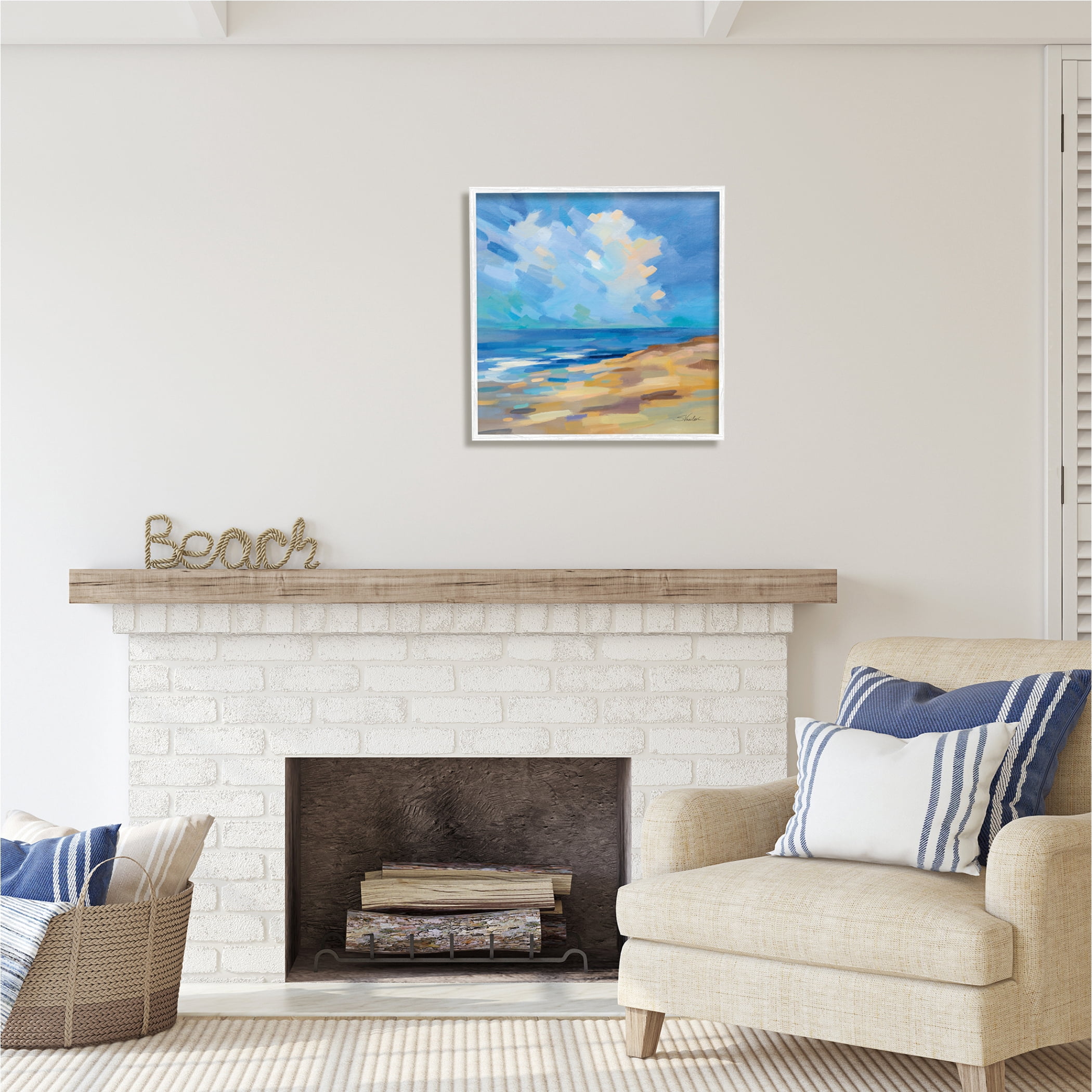Stupell Industries Abstract Beach Painting Nature Painting White Framed Art Print Wall Art, 24 x 24