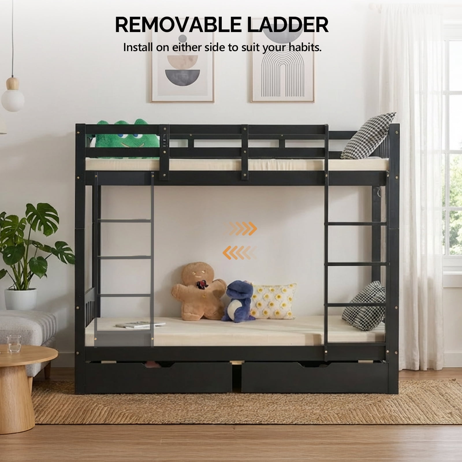 Ktaxon Solid Wood Twin-over-Twin Bunk Bed, Bunk Bed Frame with Guardrails & Charging Station, Black