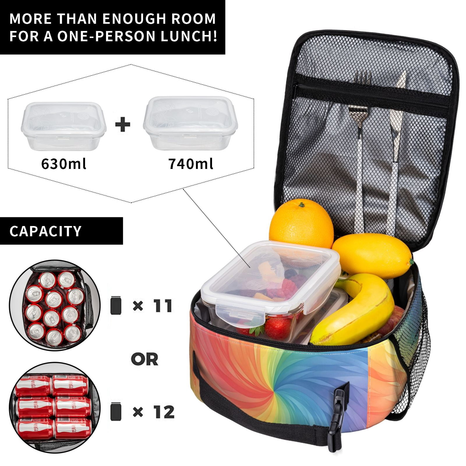 Lunch Bag For Women Men Insulated Portable Lunch Box Bento Box Office Picnic Travel Cooler Bag Darkmagenta Tie-Dye Background Rainbow Colors_2