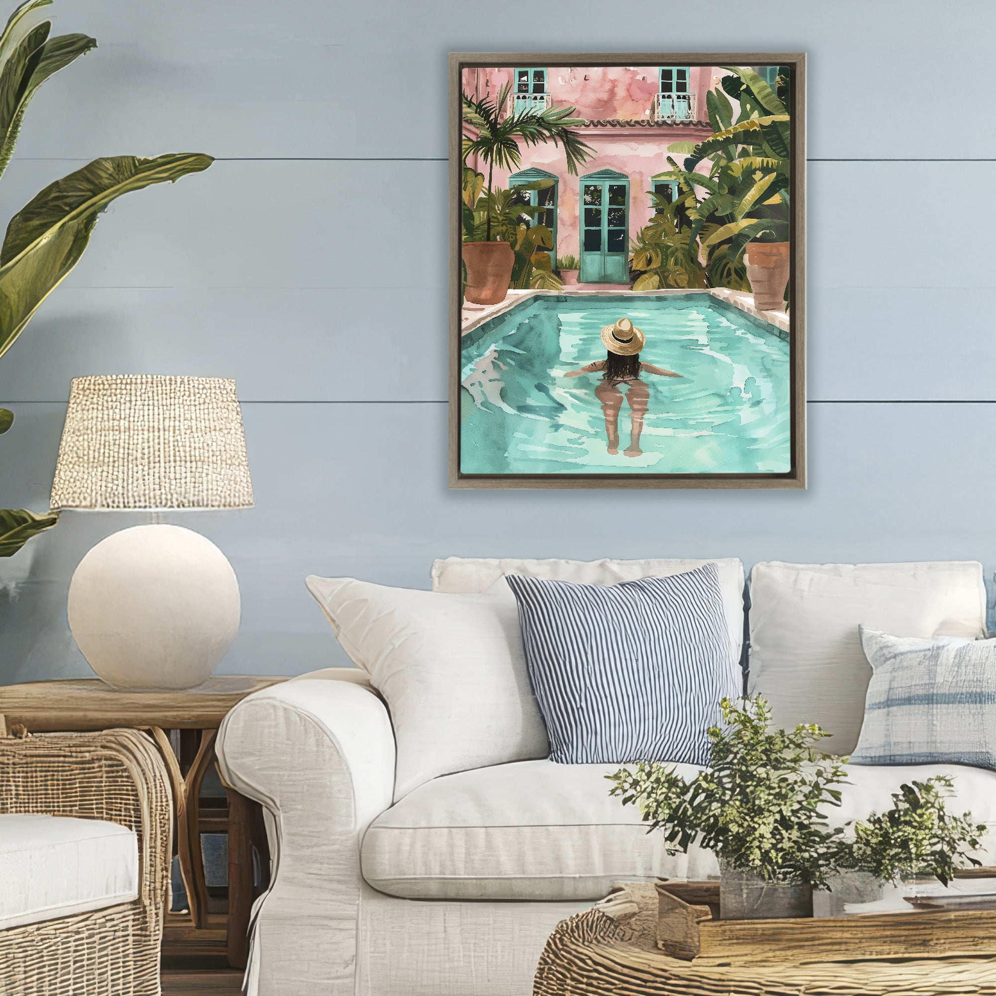 Stupell Industries Girl Swimming In Pool Brown Framed Floater Canvas Wall Art, design by The Prints Vibe